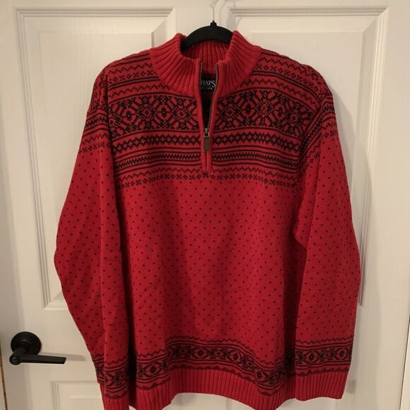 Chaps Sweater Mens Large Red‎ Fair Isle Cotton 1/4 Zip Pullover Heavyweight - Picture 1 of 9